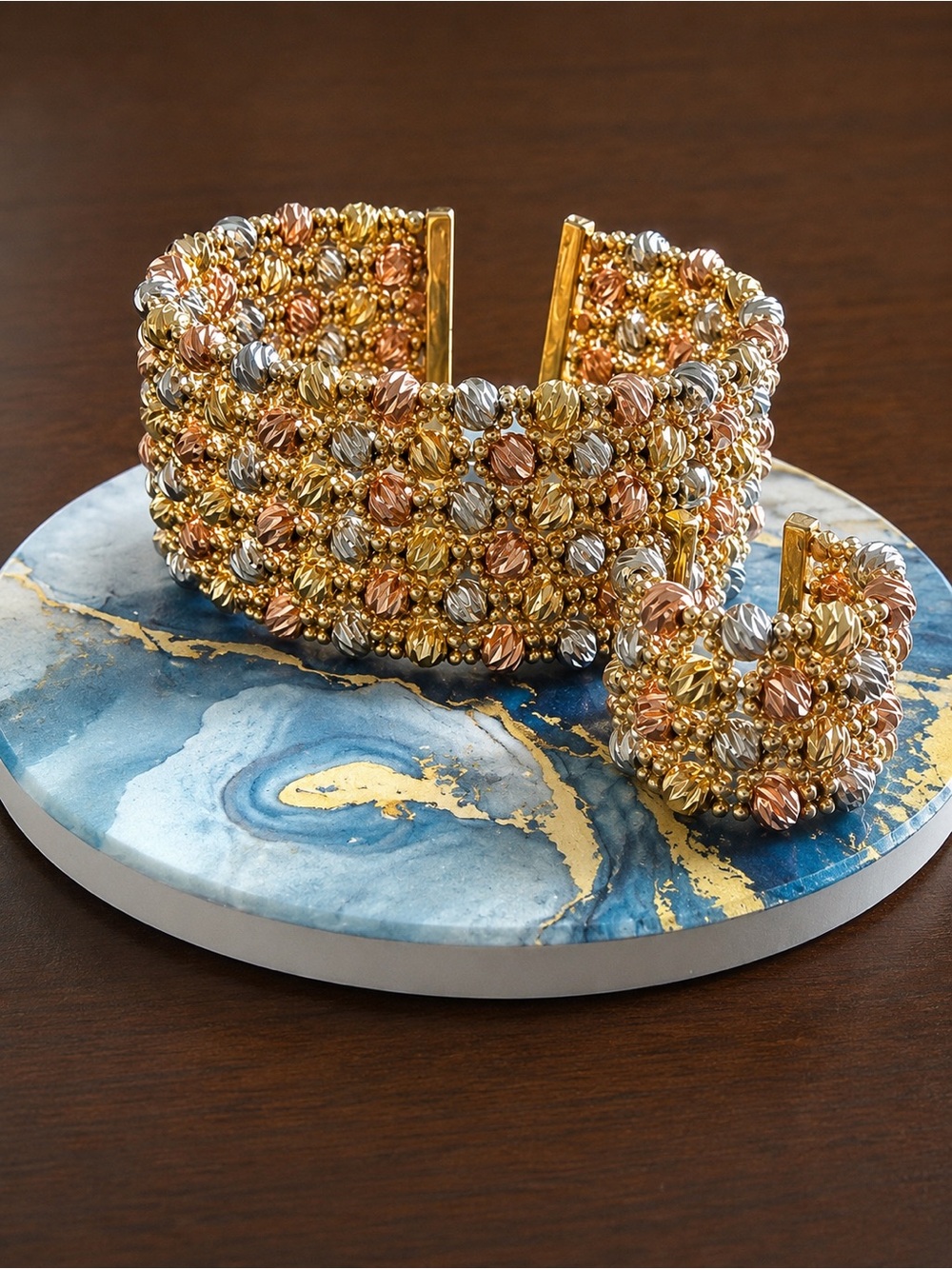 Tricolor Beaded Cuff Bracelet - Gold, Rose Gold & Silver